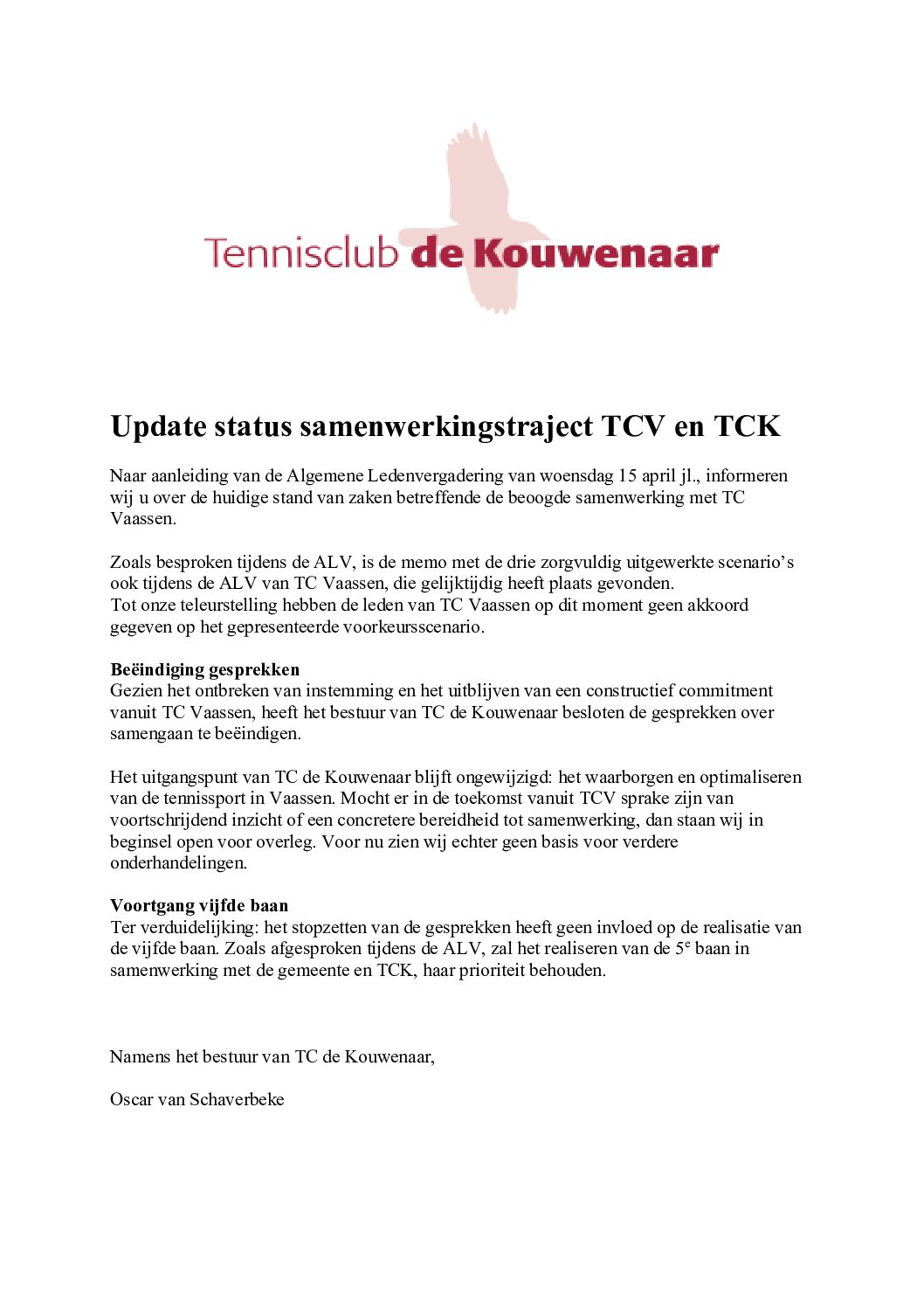 Update status samenwerkingstraject TCV/TCK